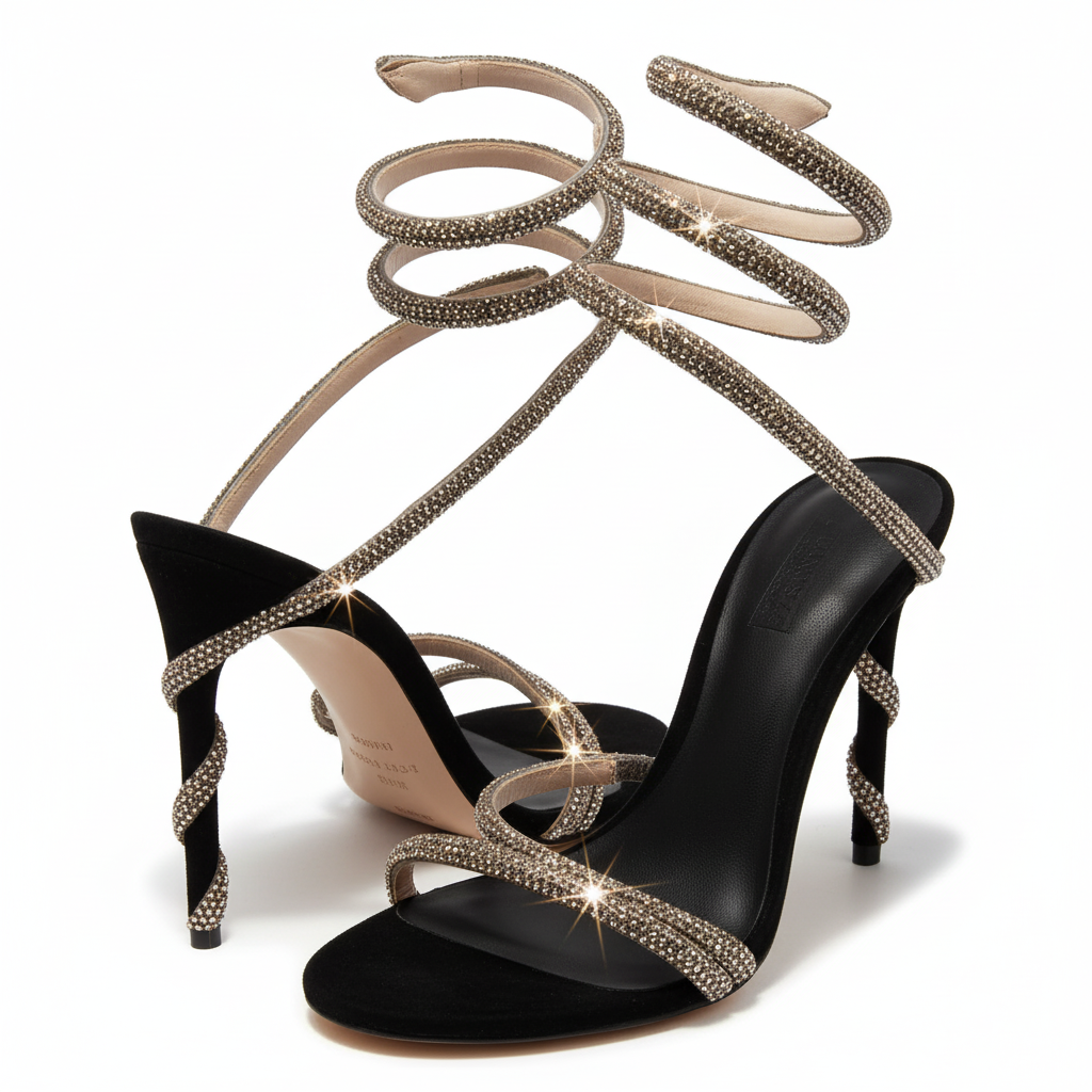 Black high-heeled shoes with gold strappy details
