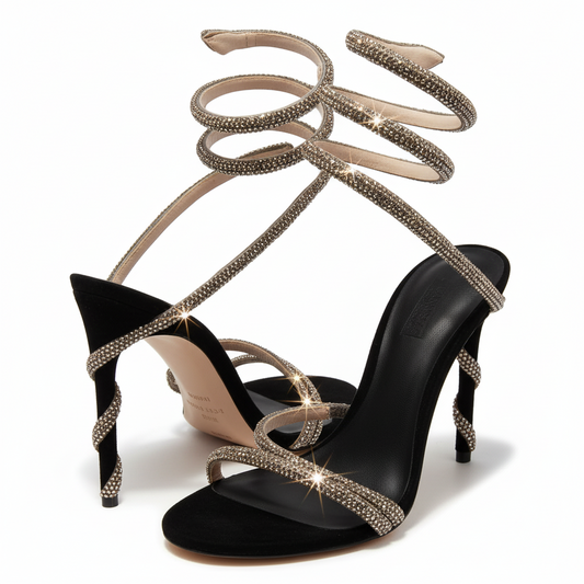 Black high-heeled shoes with gold strappy details