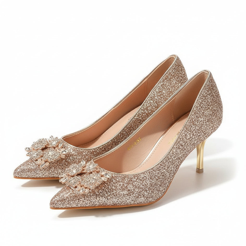 Pair of glittery high-heeled shoes 