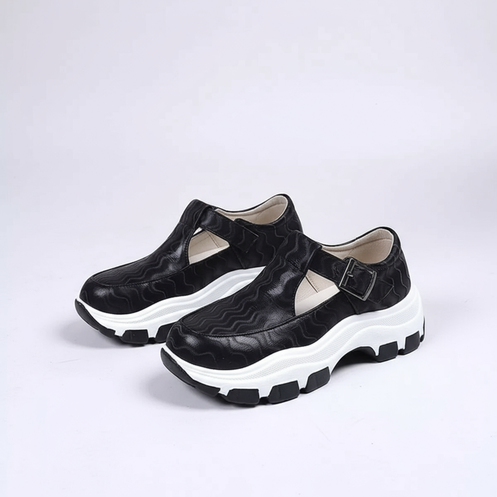 Black platform shoes with white soles 
