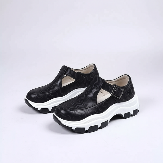Black platform shoes with white soles 