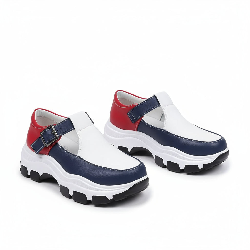 Red and blue sneakers with white soles