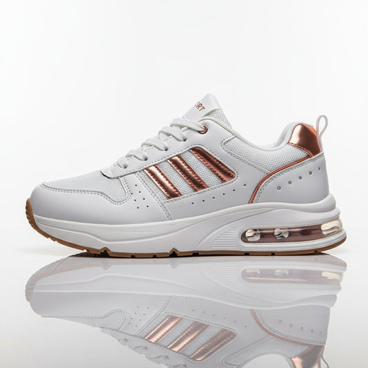 White sneakers with copper accents 