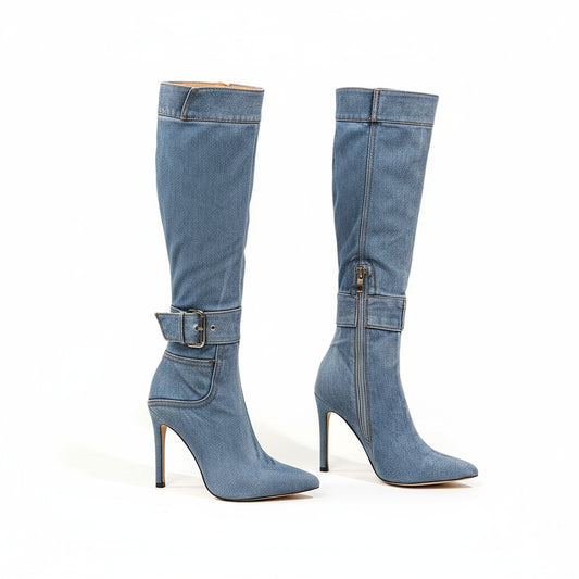 Blue denim knee-high boots