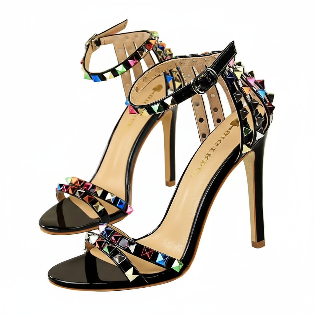 Black high-heeled sandals with colorful gemstones 