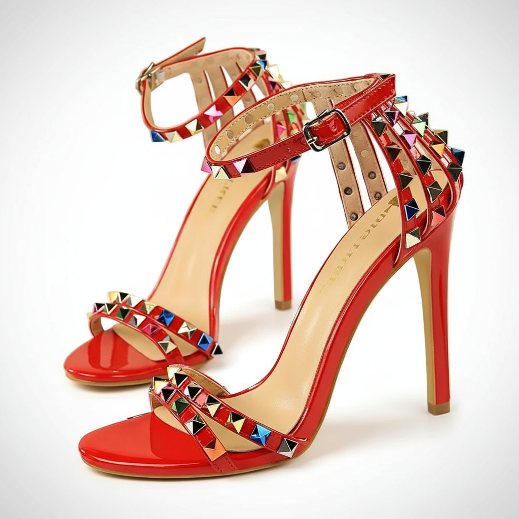 Red high-heeled sandals with multicolored studs 