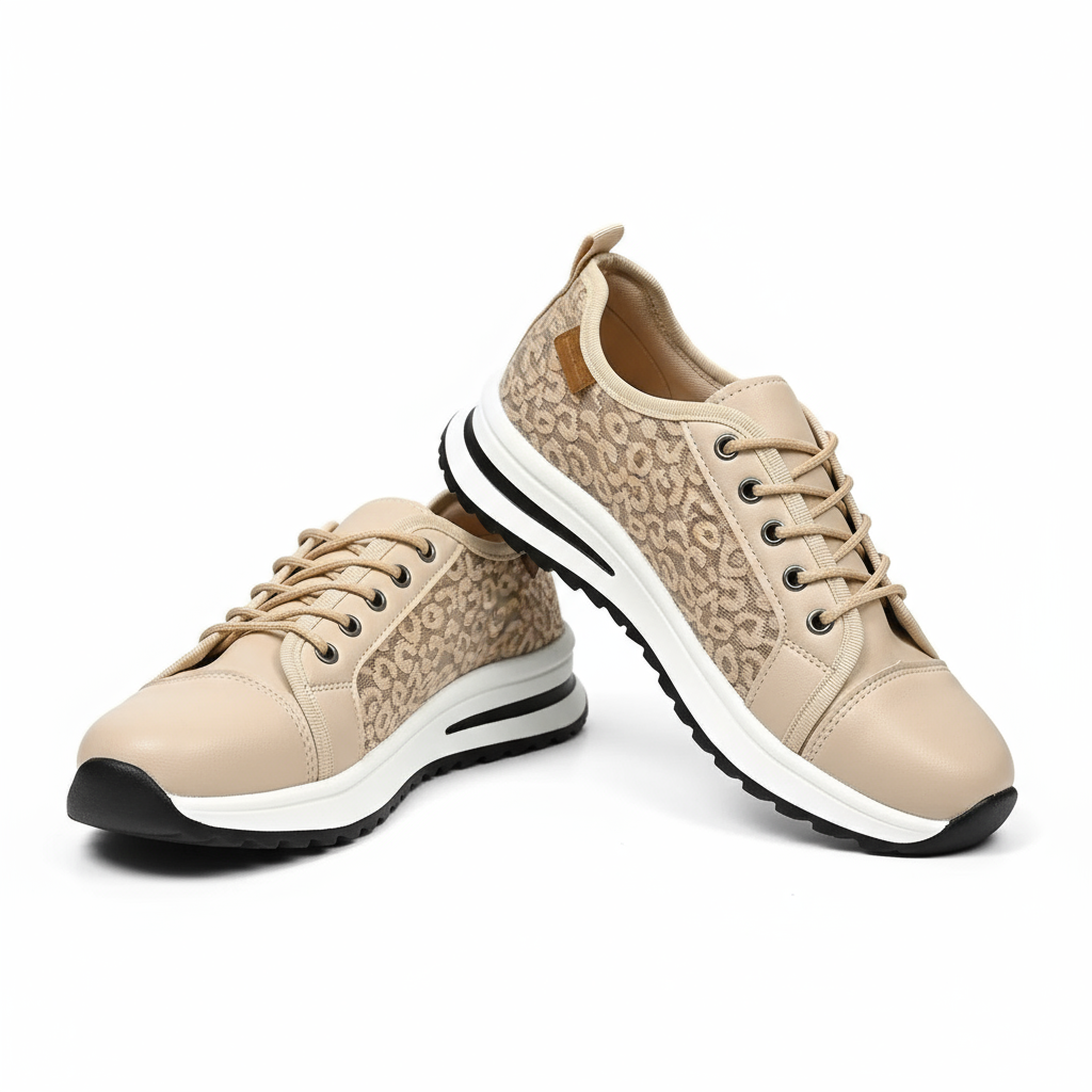 Beige sneakers with leopard print pattern 
