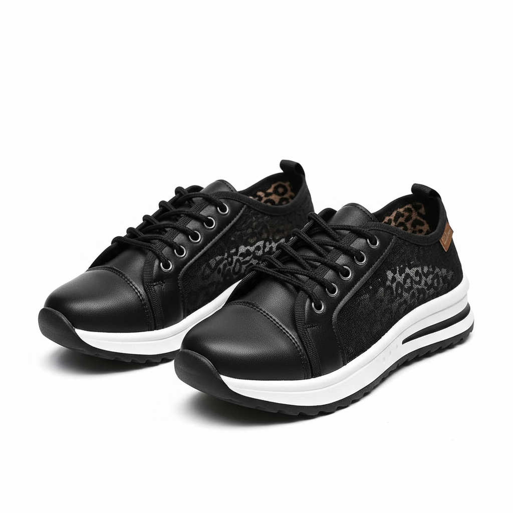 Black sneakers with white soles