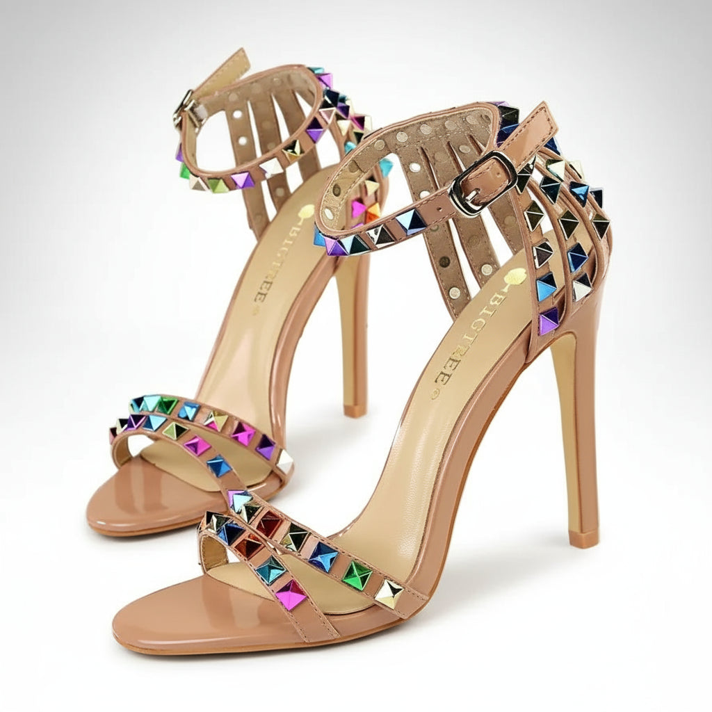 Apricot-Beige high-heeled sandals with colorful gemstones 