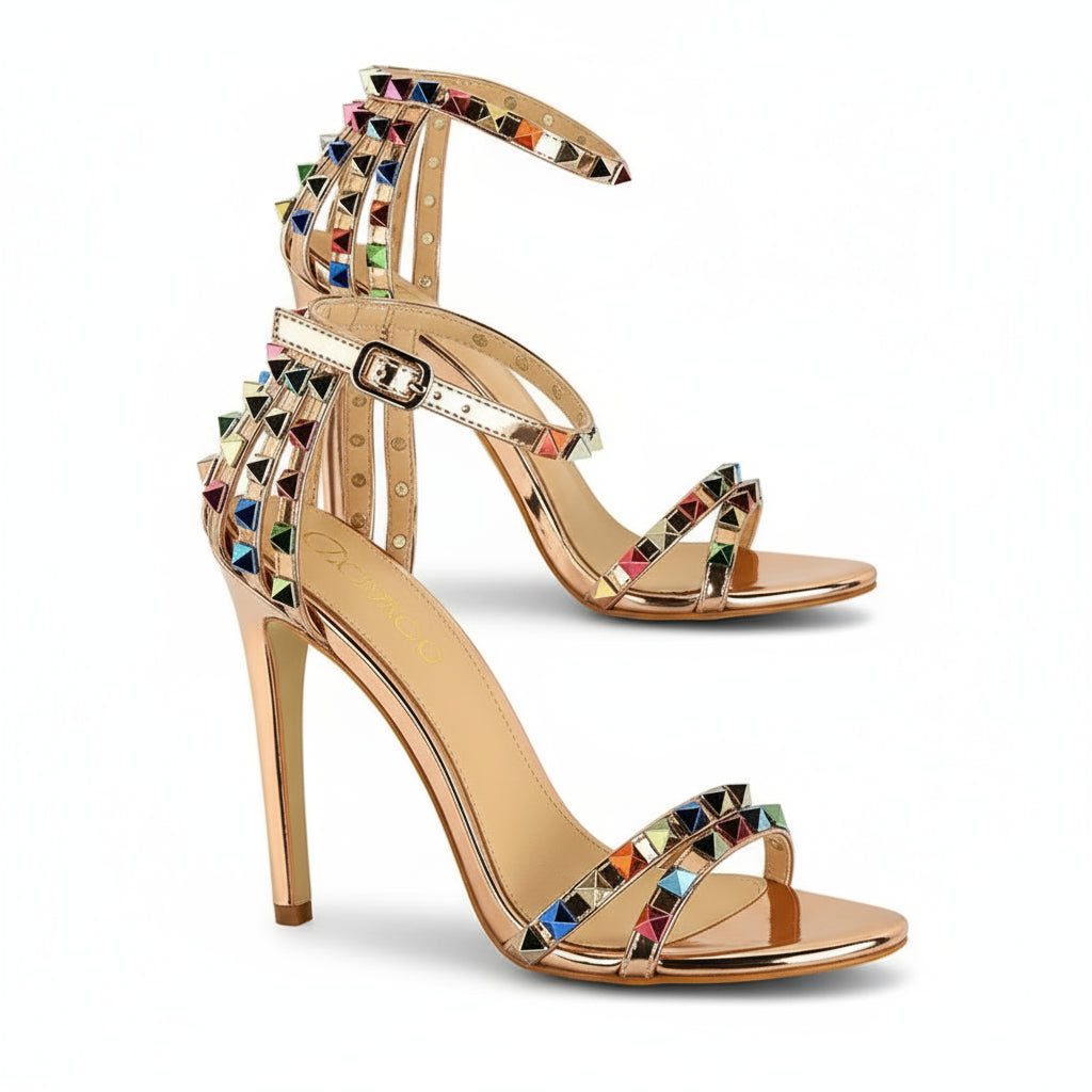 Gold high-heeled shoes with colorful gemstones