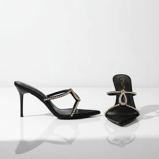 Black high-heeled shoes with embellishments