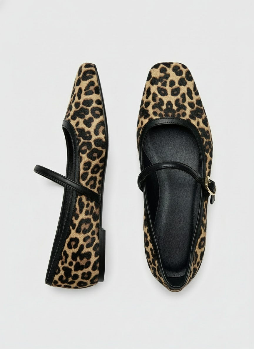 Leopard print flat shoe with a black strap on a white surface and beige wall background