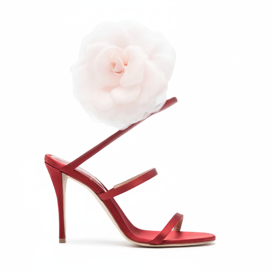 Red high-heeled sandal with a white flower 