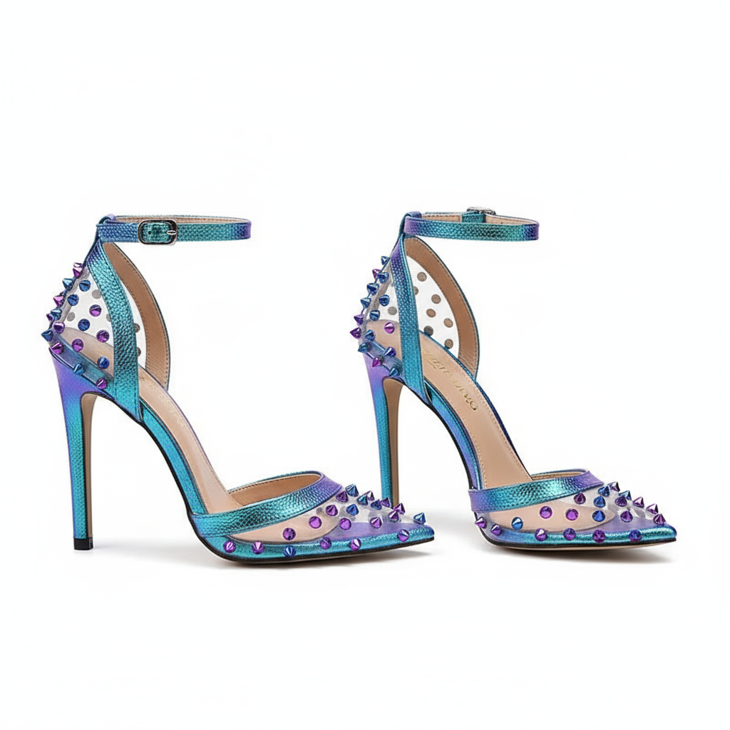 Blue high-heeled shoes with purple studs 