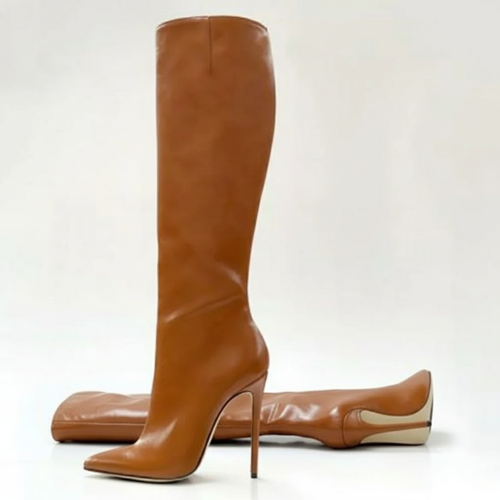 Tan knee-high boots with high heels on a white background