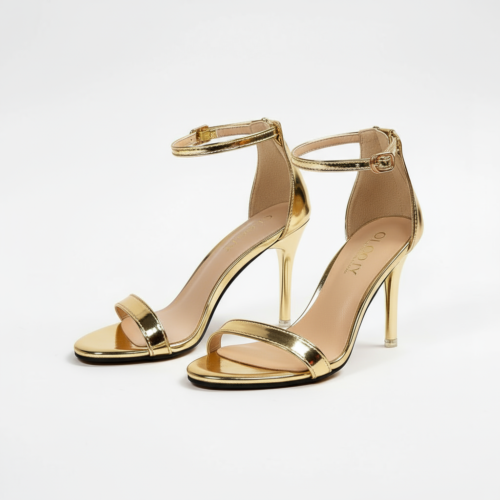 gold heeled sandals with ankle strap