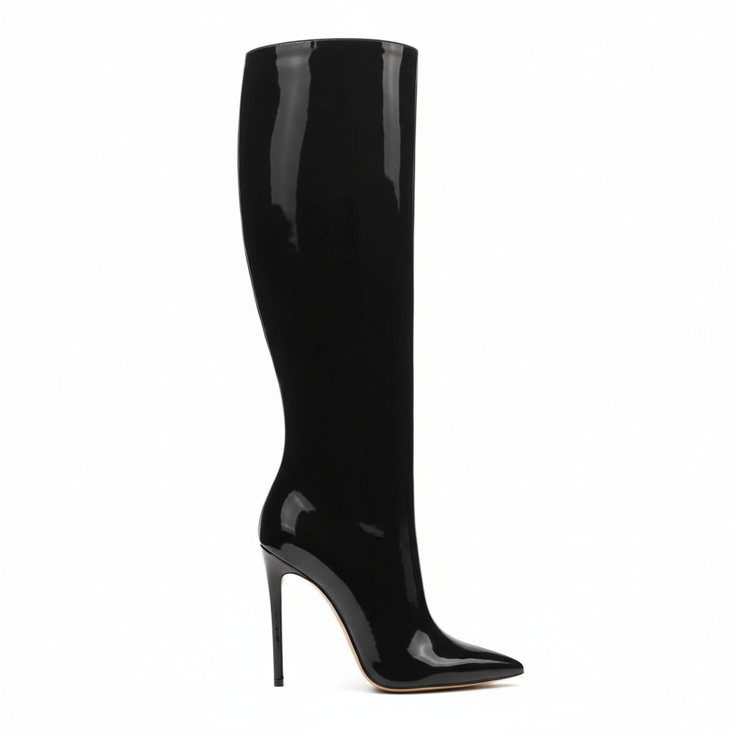 Black knee-high boot on a white background