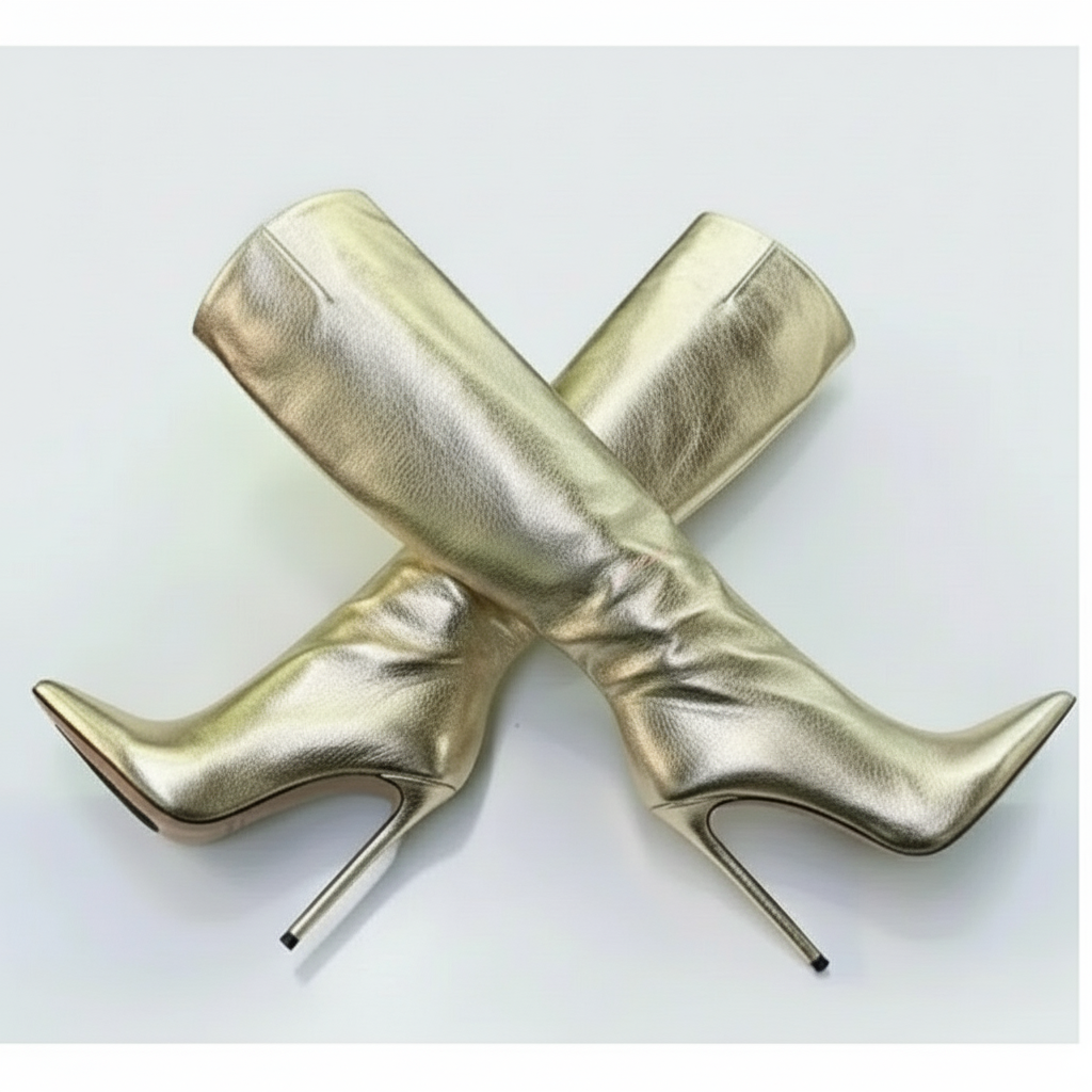 Gold high-heeled boots on a white background