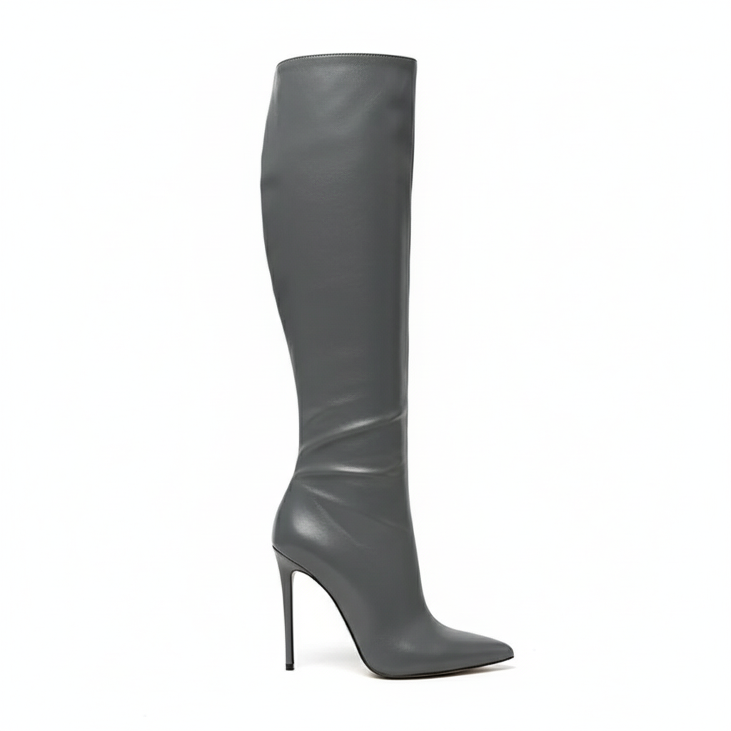 Pair of gray high-heeled boots on a white background