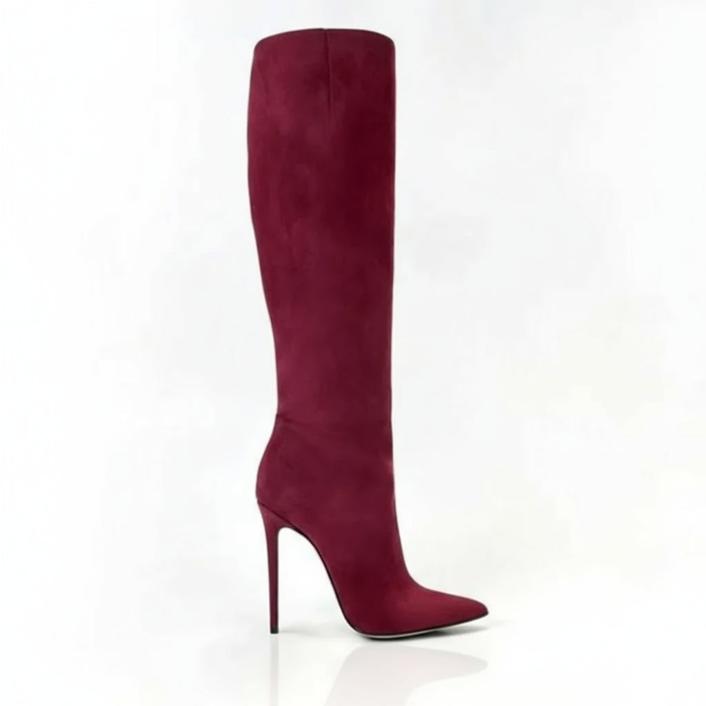 Maroon knee-high boot with a high heel on a white background