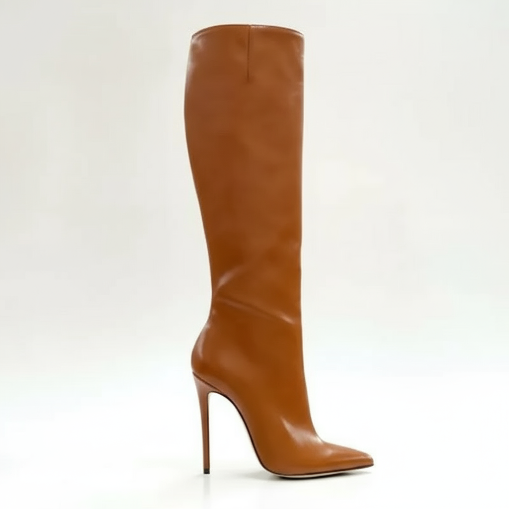 Tan knee-high boots with high heels on a white background