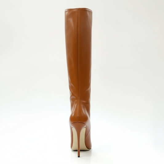 Tan knee-high boots with high heels on a white background