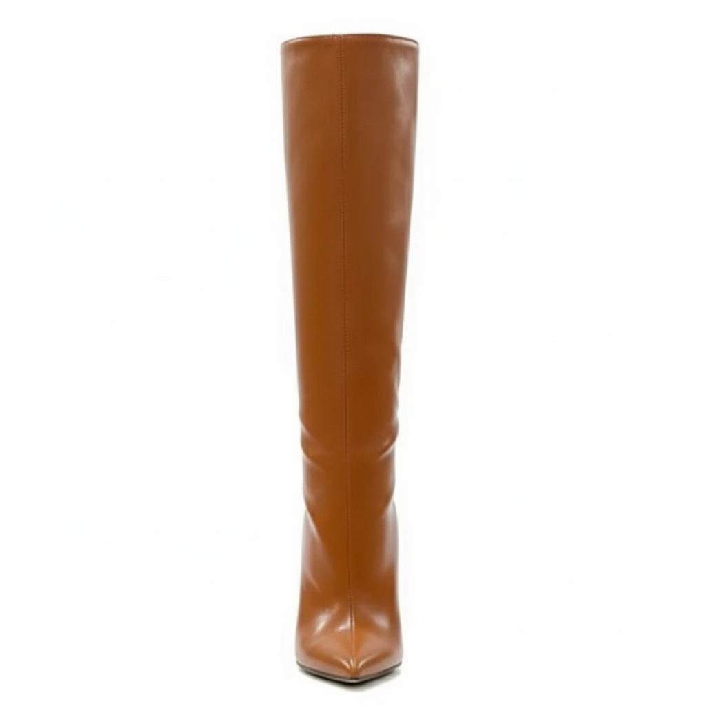 Tan knee-high boots with high heels on a white background