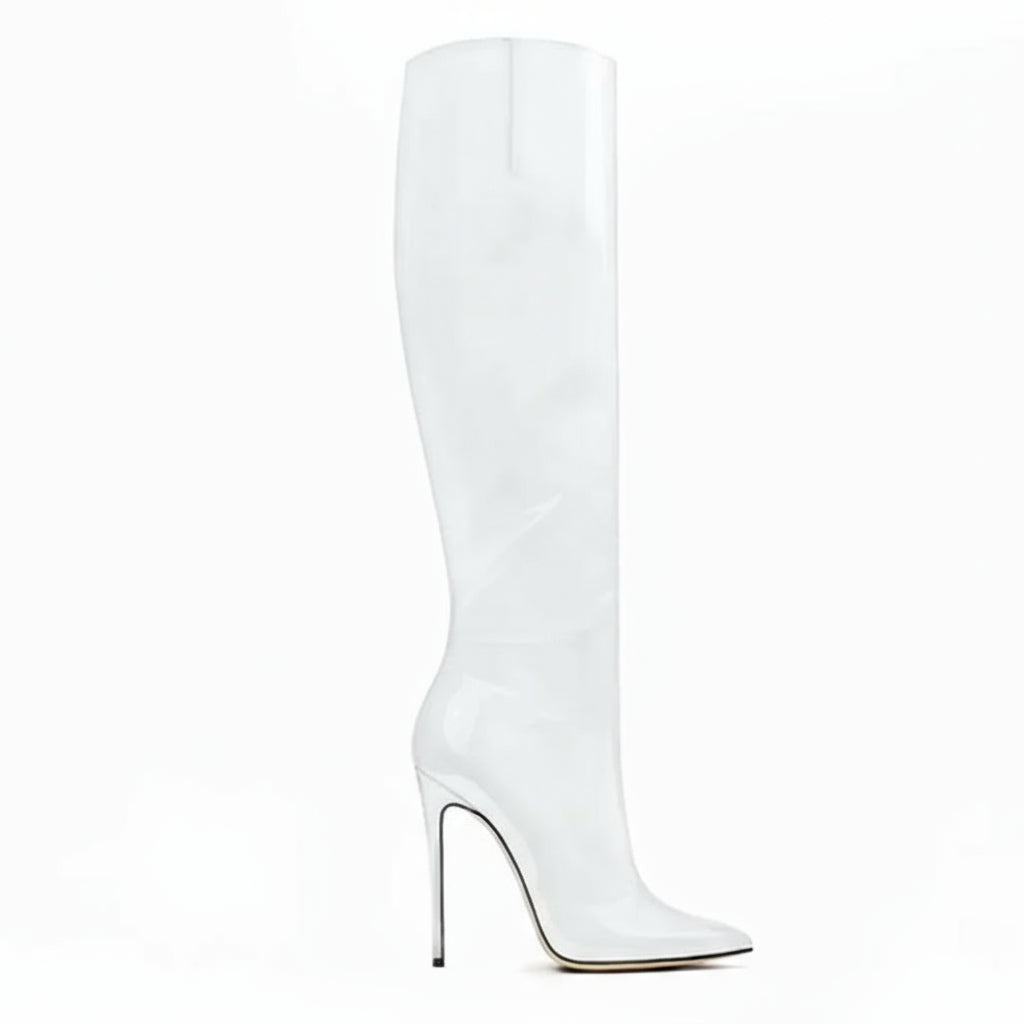 White knee-high boot with a stiletto heel on a white background