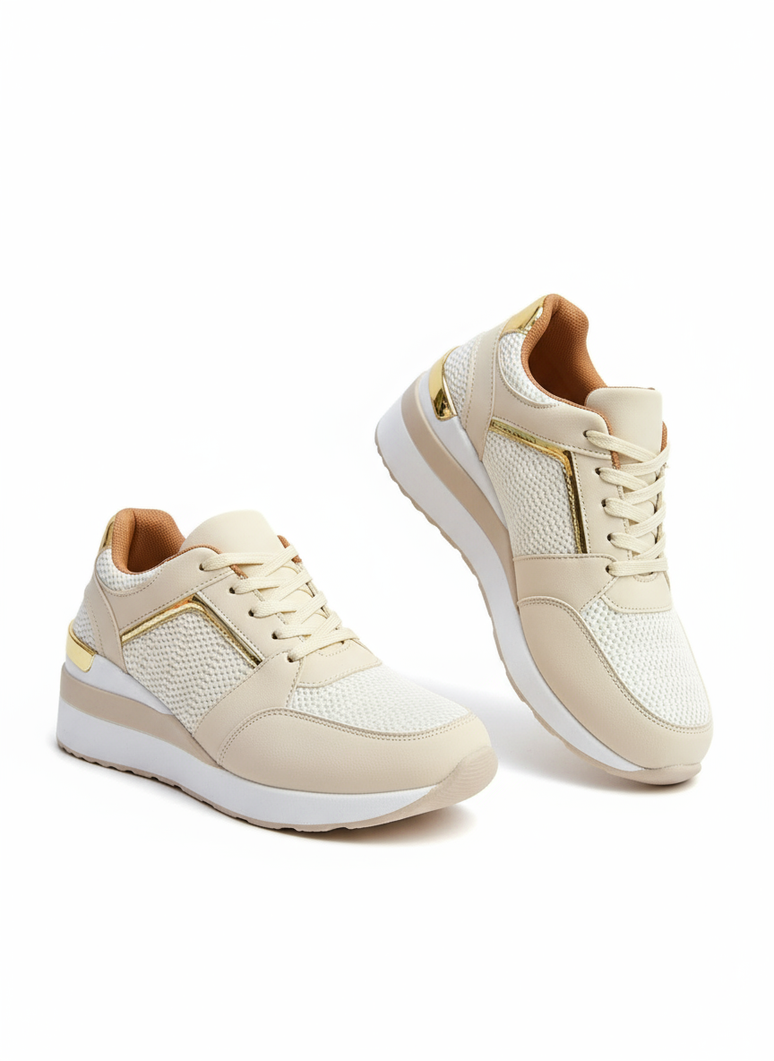 Beige sneakers with gold accents 