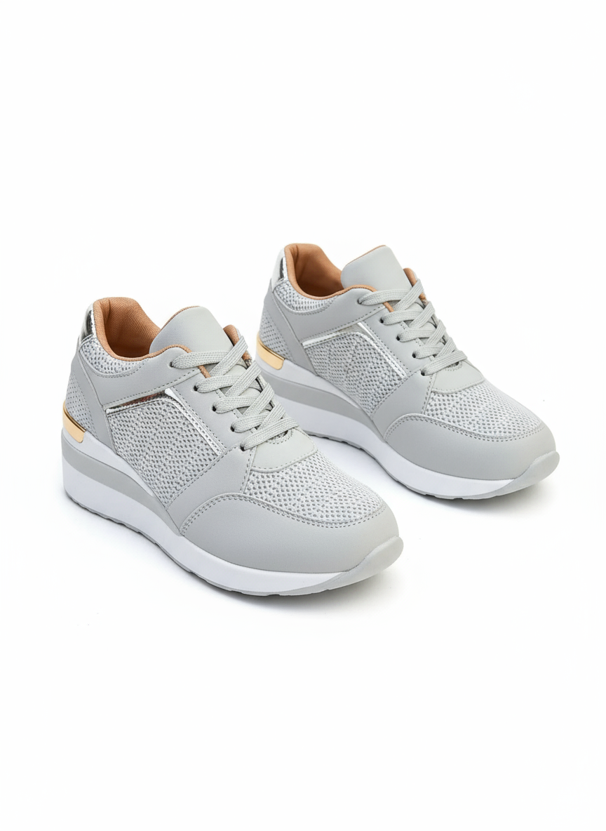 Gray sneakers with white soles 