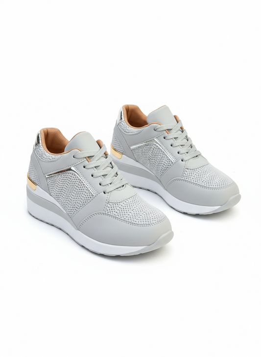 Gray sneakers with white soles 