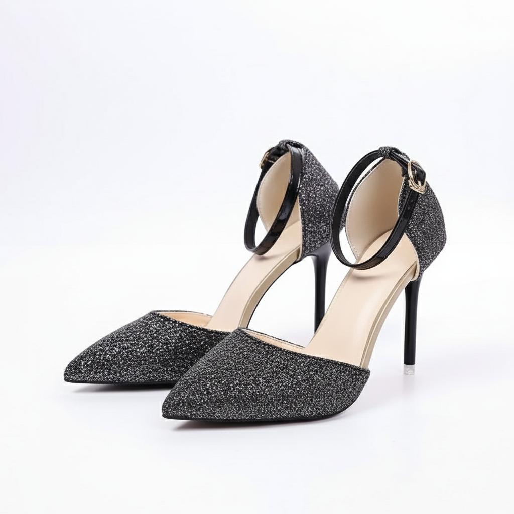 Black glitter high-heeled shoes