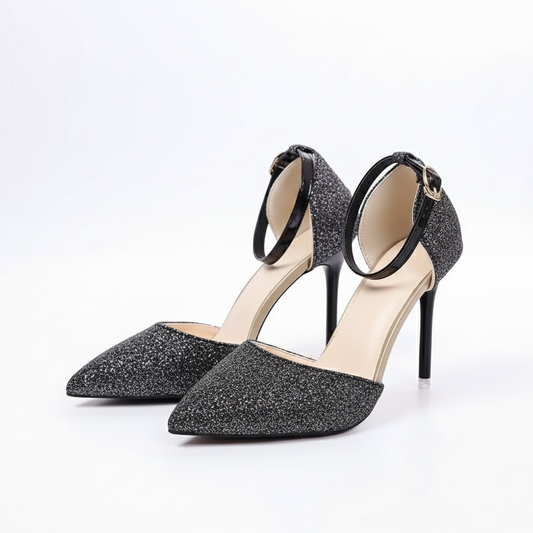 Black glitter high-heeled shoes