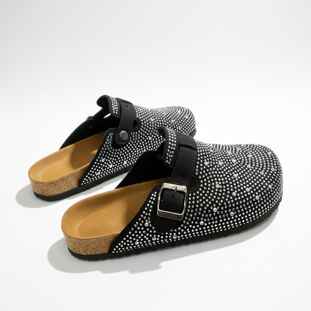 Black clogs with rhinestone embellishments