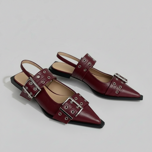 Maroon pointed-toe shoes with buckles and black block heels on a white background