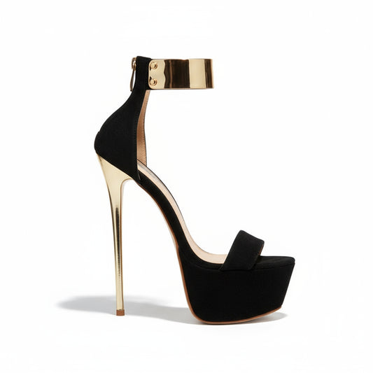 Black high-heeled sandal with gold platform.