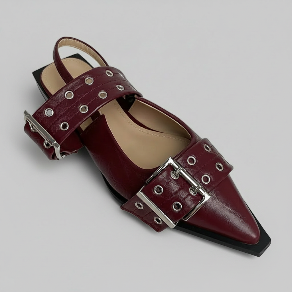 Maroon shoe with silver buckle on a white background