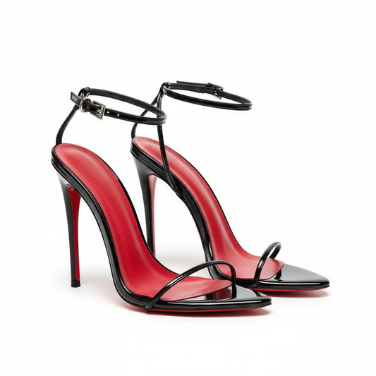Black high-heeled shoes with red soles